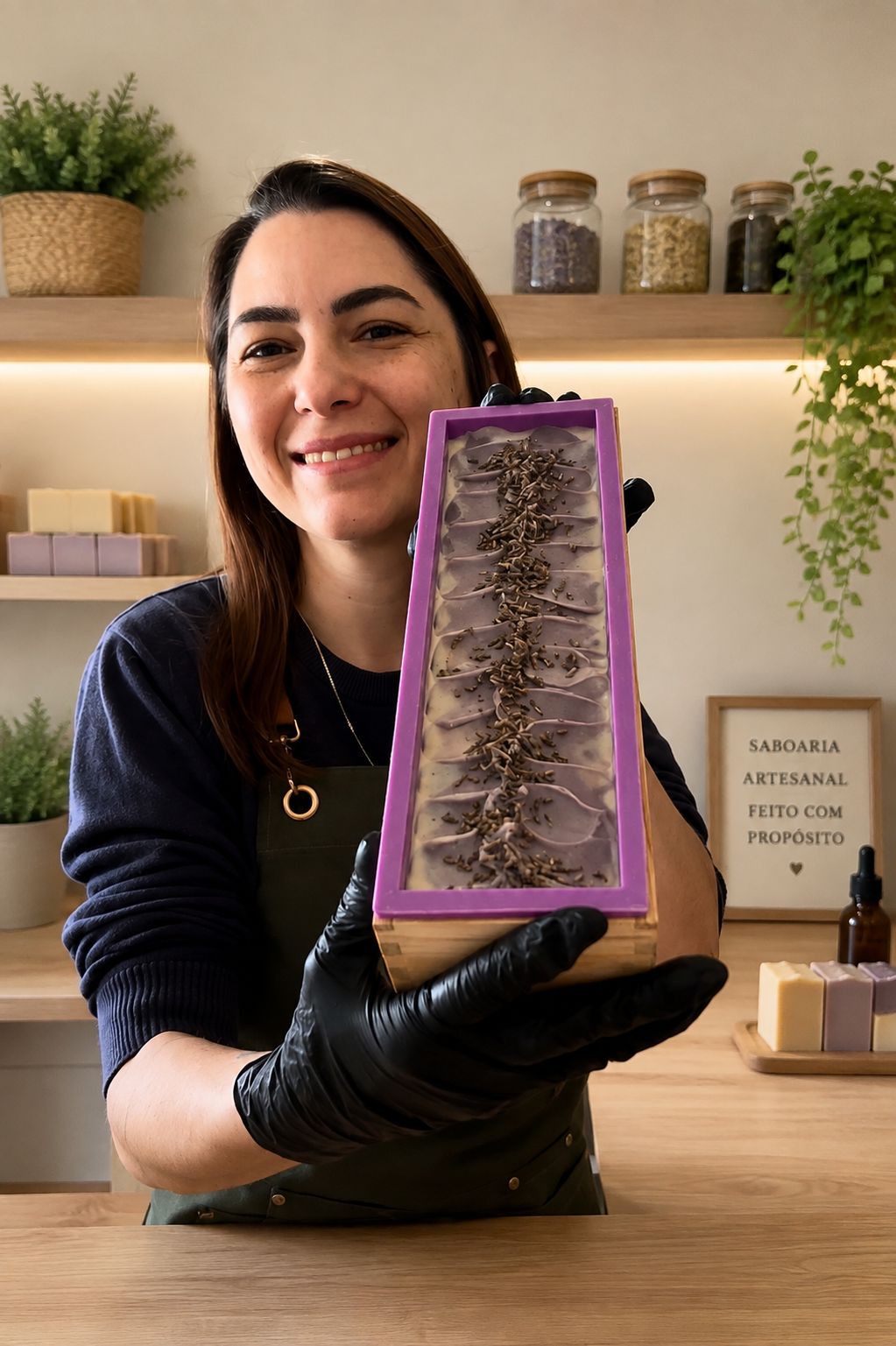 Camila Siqueira Braga, criadora da Sam Solei, segurando um molde de sabonete Cold Process de lavanda