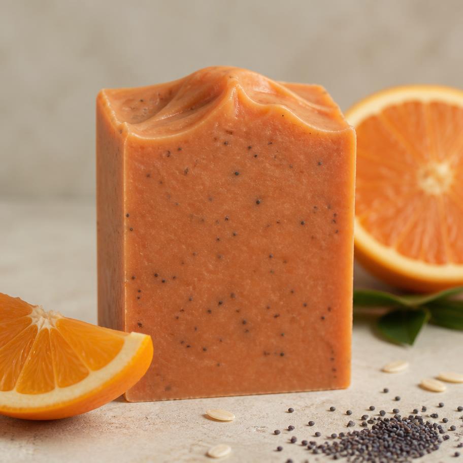 Sabonete Cold Process cítrico esfoliante com urucum e sementes de papoula