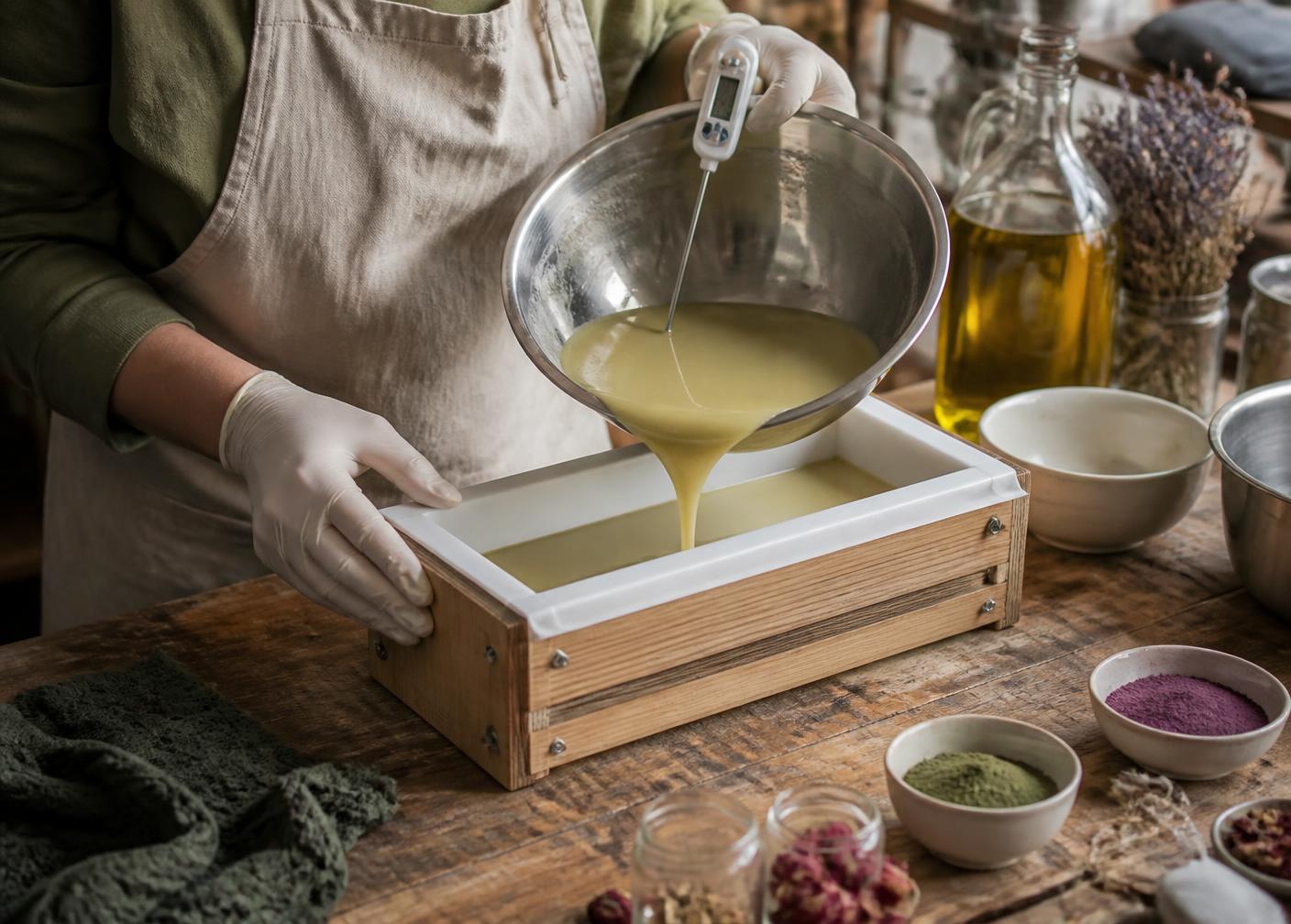 Artesã despejando massa de sabonete em molde de madeira na bancada de produção